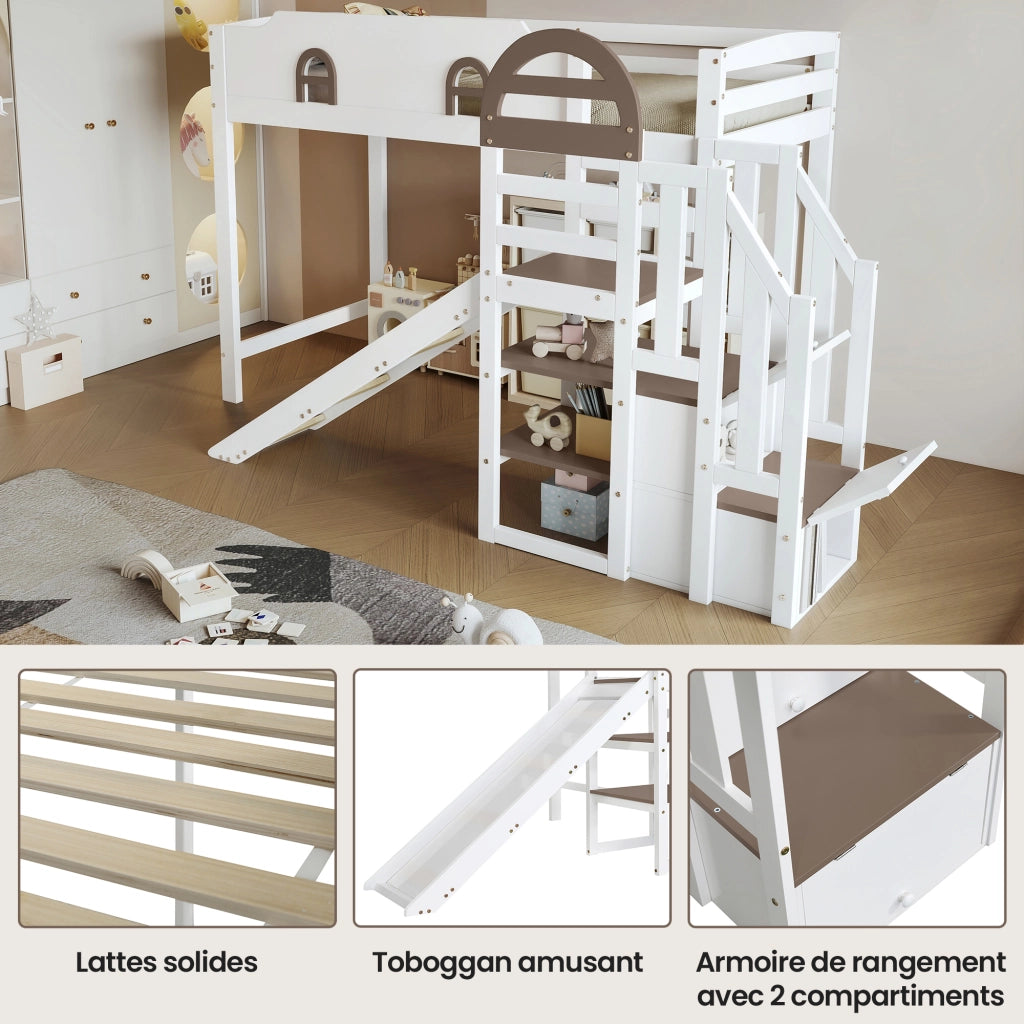 Letto a Castello 90x200 cm - Scivolo; Scala con Corrimano e 2 Armadietti - Bianco