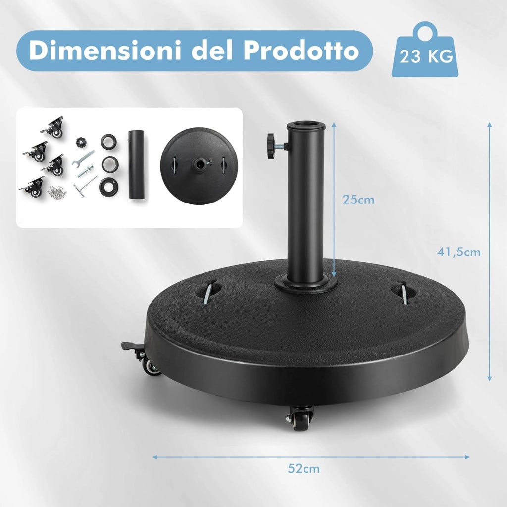 Base Ombrellone con Rotelle da Esterno 23 kg, Supporto Rotondo per Ombrellone 52 CM con Diametro Palo 38/48 MM, Base per Ombrellone Robusta da Giardino Esterno