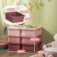 Cassettiera 6 Cassetti per Bambini 3-6 Anni con Bordi Arrotondati, in PP Rosa, 75x37x56.5 cm