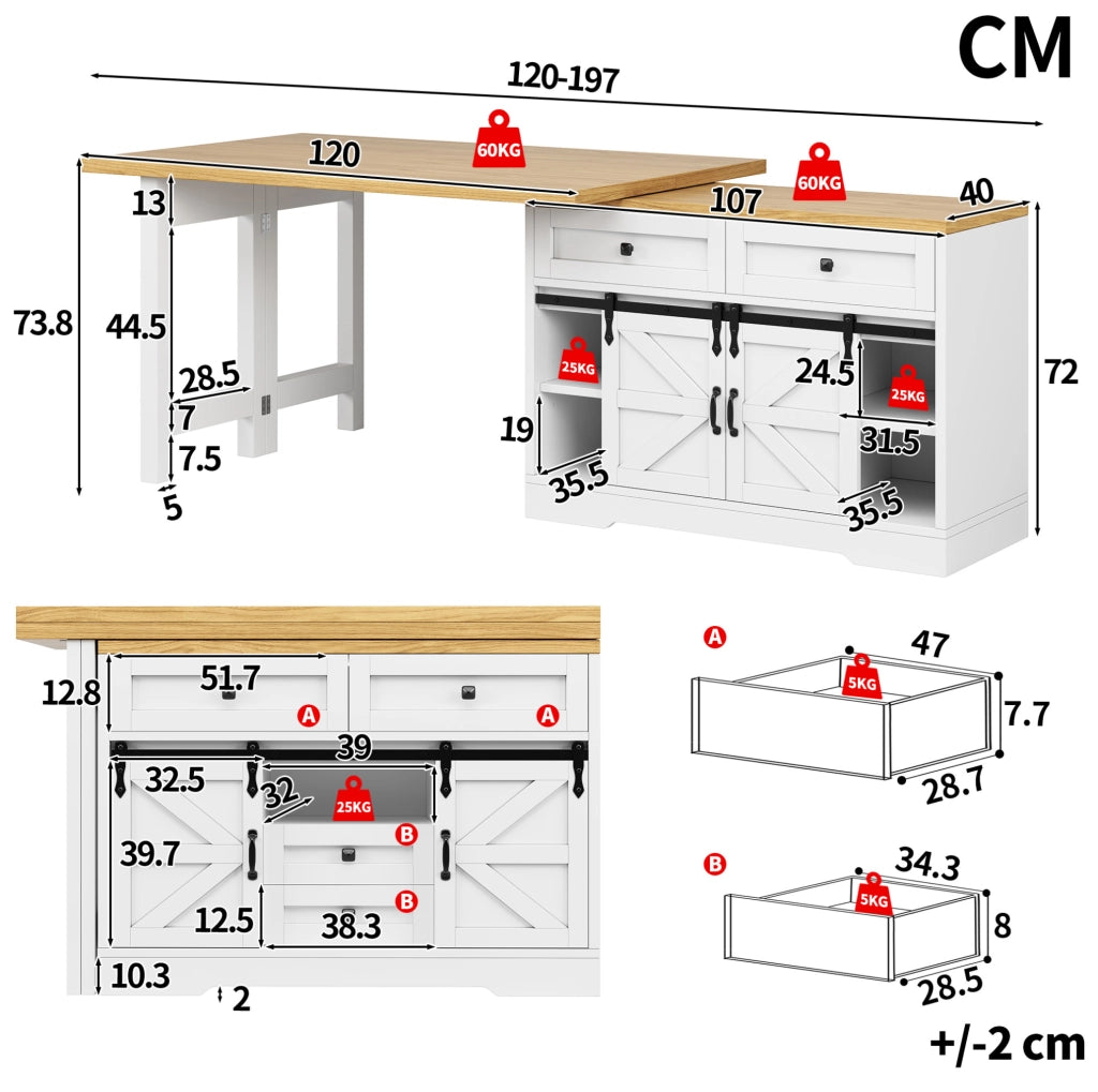 Isola cucina in MDF con tavolo estensibile e pannelli girevoli