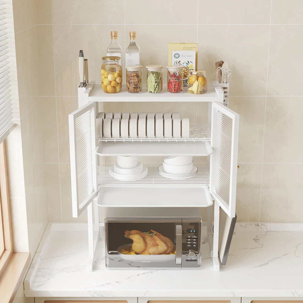 Scaffale Credenza Porta Microonde con Vetrinetta in Metallo Bianco 57x37x76cm