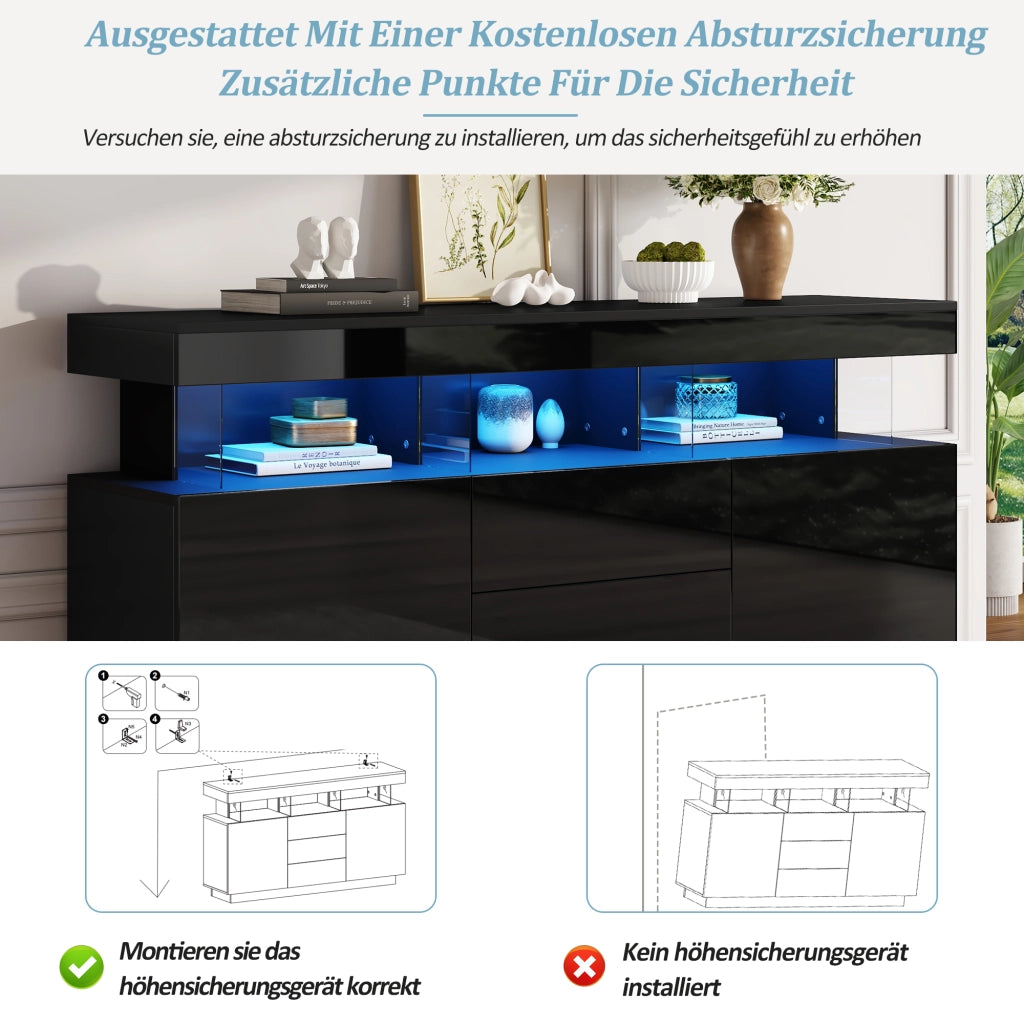 Madia con 3 cassetti; 2 ante e LED - per soggiorno - 140 x 35 x 80 cm - nera