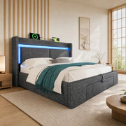 DESMIU Lit adulto 140 × 200 cm con contenitore idraulico, LED, USB e USB-C, senza materasso, grigio