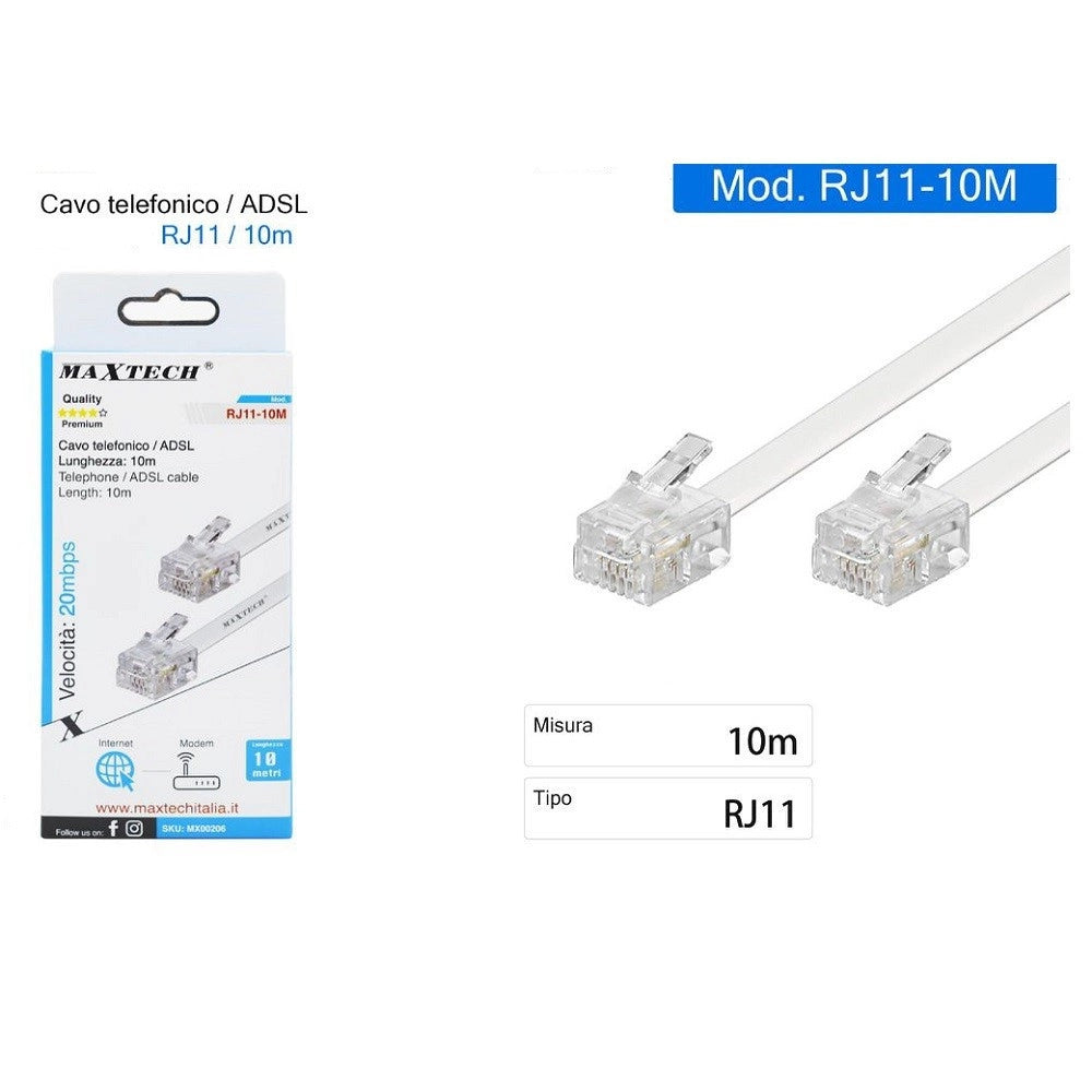 Trade Shop - Cavo Prolunga Telefonica Rj11 10mt Maxtech Rj11-10m Collegamento Modem Telefonico -