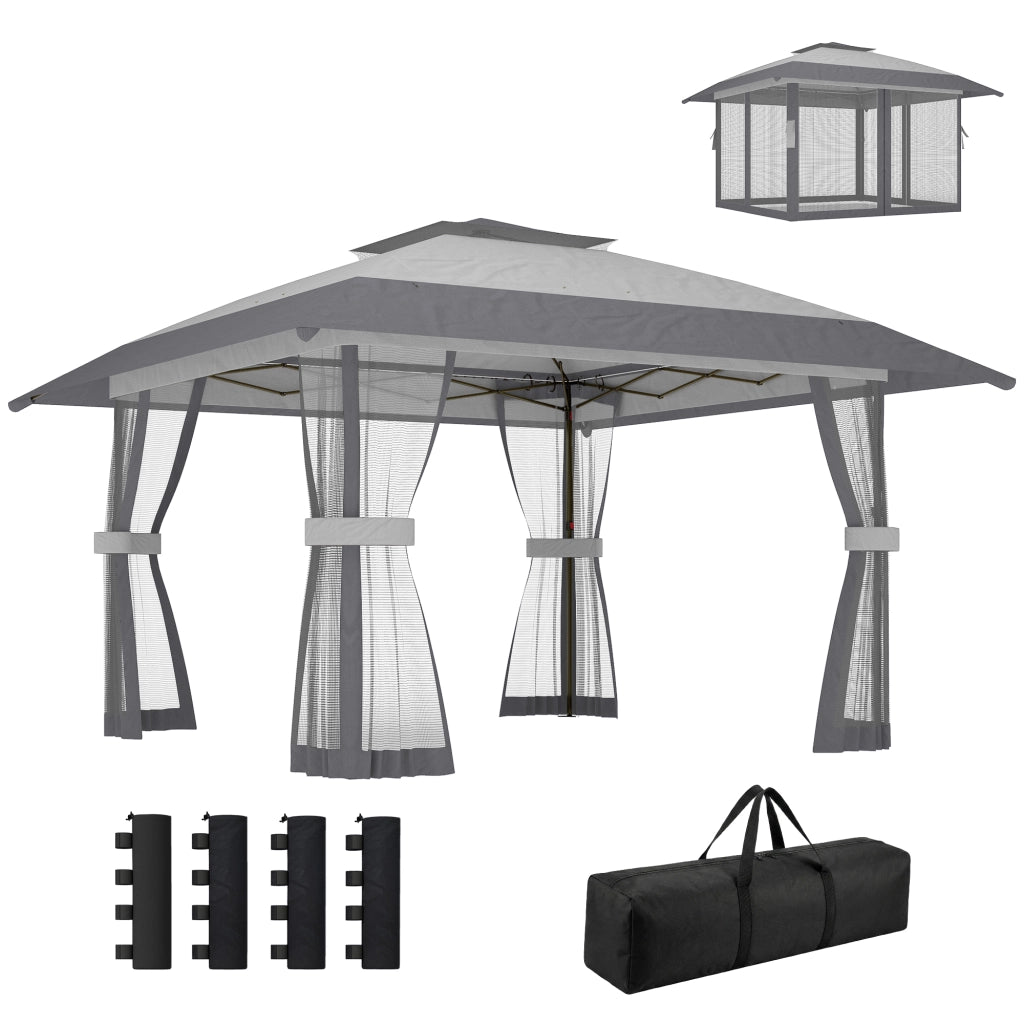 Tenda da Giardino Pieghevole 4x4 m con Doppio Tetto e Laterali in Reticolo ¨C zephmum ¨C Grigio