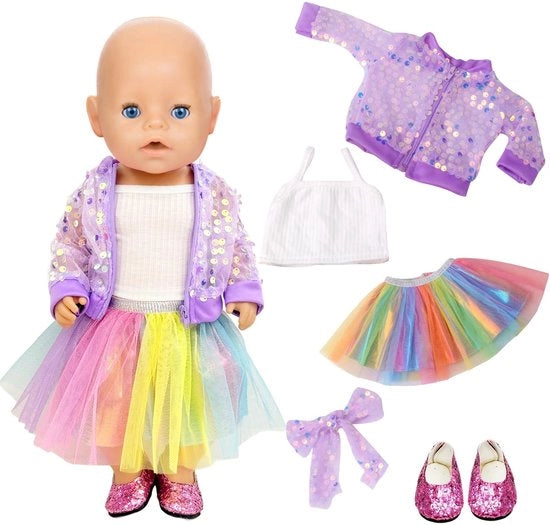 Set di abbigliamento per bambole 6 pezzi - Gonna a pailletta e tutù - Accessori - Adatto per bambole da 35-45 cm - Fatto di poliestere duraturo - Ideale per feste - Abbigliamento per bambole