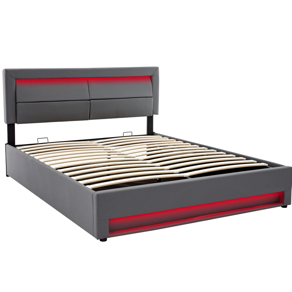 Letto imbottito matrimoniale 140x200 cm in PU grigio con USB; LED e contenitore