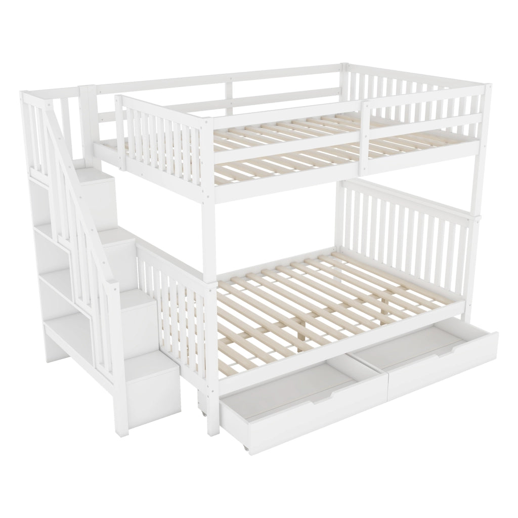 OKWISH Letto a Castello 140×200 cm, Letto Matrimoniale con Scala con Ripiani, 2 Cassetti e Sponde Alte, senza Materasso, Bianco