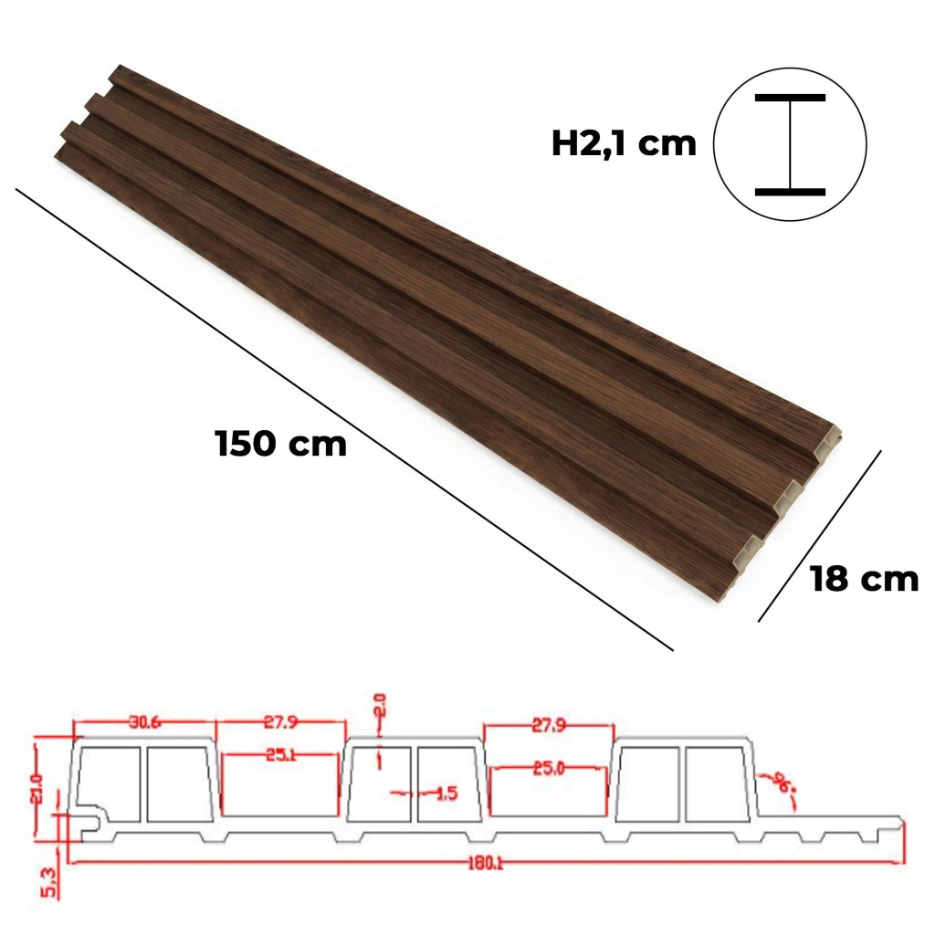 Bach - Set 8 Pannelli Fonoassorbenti Decorativi 18x150x2,1 cm per Interno ed Esterno in WPC Walnut