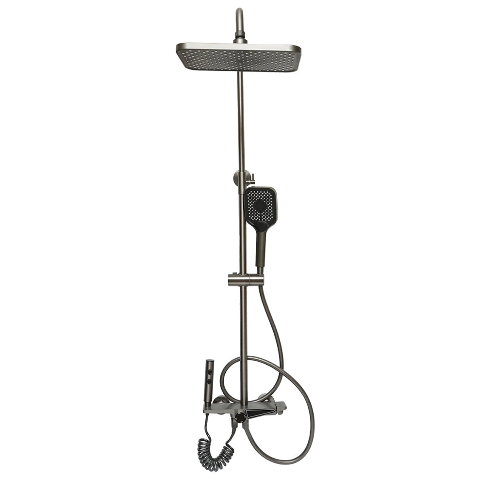 Set doccia multifunzionale con termostato, display digitale della temperatura dell’acqua, 4 funzioni di erogazione dell’acqua, bocca per vasca, soffione rettangolare, doccetta a mano, doccia bidet, colore grigio.