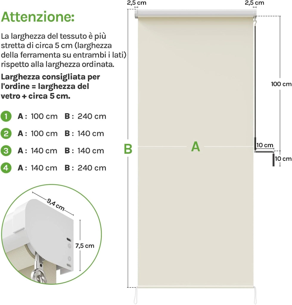 Tenda da Sole Verticale Tenda a Rullo per Esterno Tenda da Sole a Caduta con Manovella Tenda per Balcone Avvolgibile Oscurante Protezione Sole Vento per Gazebo Giardino, Beige 140x240 cm