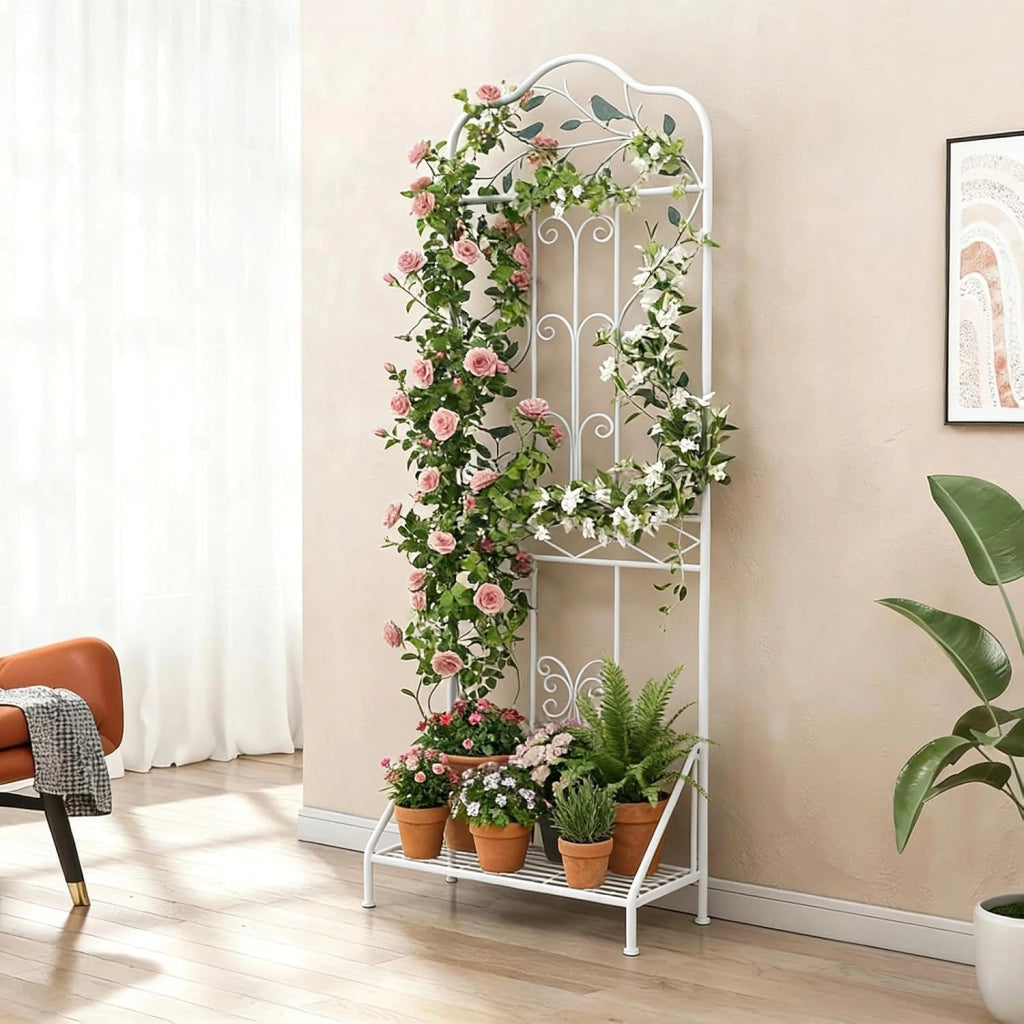 Traliccio per Rampicanti Metallo con Ripiano Pieghevole, Graticcio per Piante da Esterno, Griglia per Piante Rampicanti per Giardino, Cortile e Patio, 50 x 30 x 189,5 cm (Bianco,1)