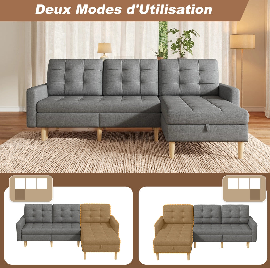 Divano angolare a L con contenitore e chaise longue reversibile, grigio