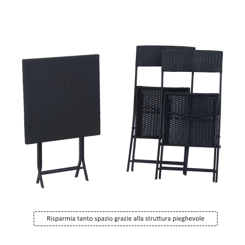 Set Tavolino e 2 Sedie Pieghevoli da Giardino in Rattan Sintetico Nero