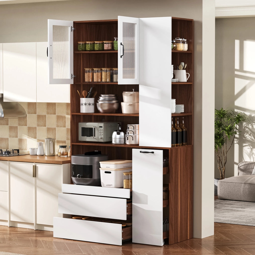 Credenza e madia con 2 cassetti e ripiani regolabili, per cucina e soggiorno, in MDF, bianco noce, 100 × 40 × 200 cm