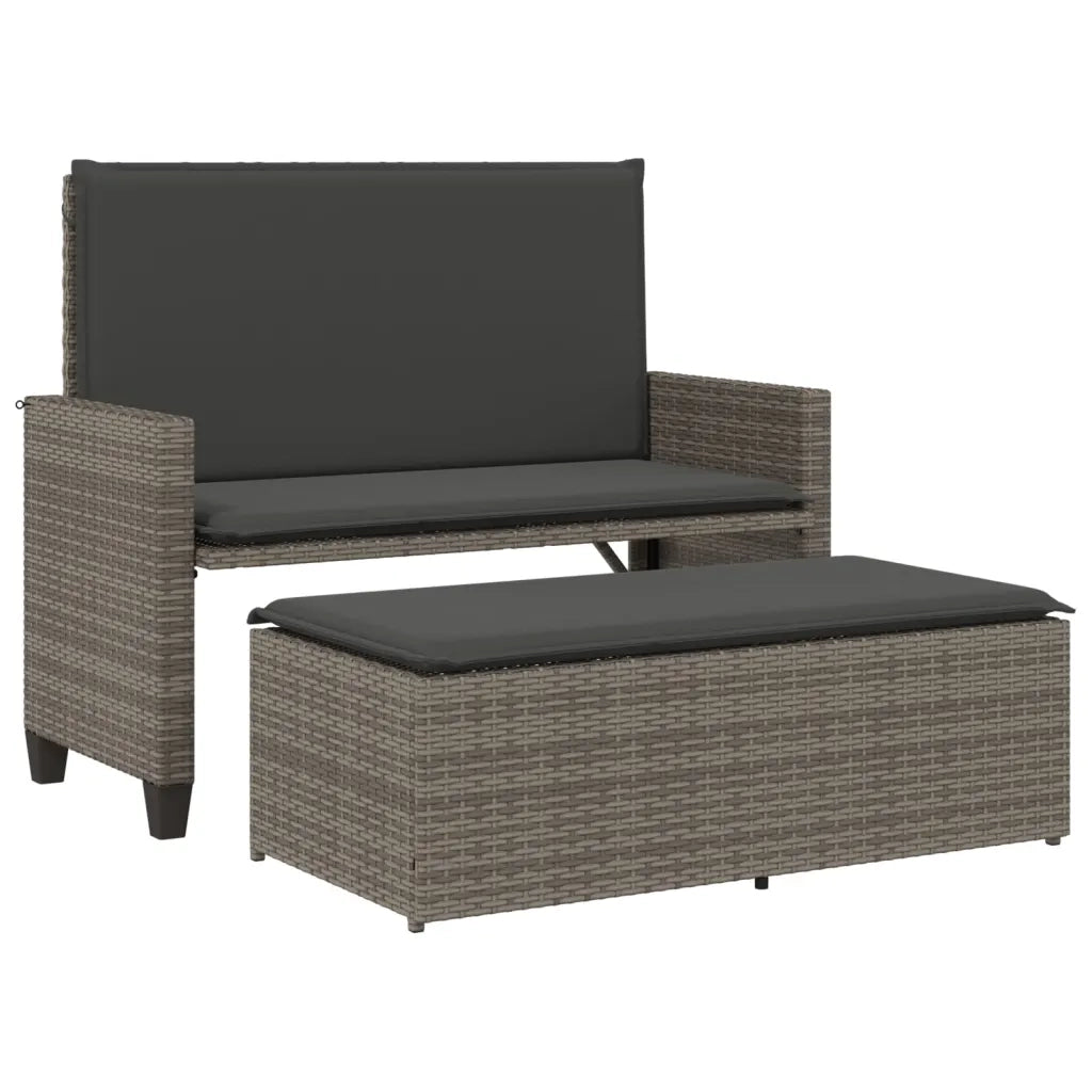 Panca da Giardino con Cuscini e Poggiapiedi-Sgabello-Panca da esterno Grigia Polyrattan