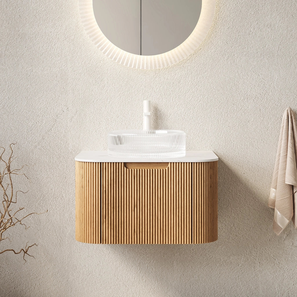 Mobile sottolavabo da bagno con lavabo rotondo in vetro, 1 cassetto e vani contenitore, in compensato, bianco, 61 × 48 × 48,6 cm
