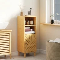 Armadio da Bagno Stretto Mobiletto da Bagno con 2 Ripiani Aperti Porta e Gambe in Bambù 32x30x90 cm Naturale