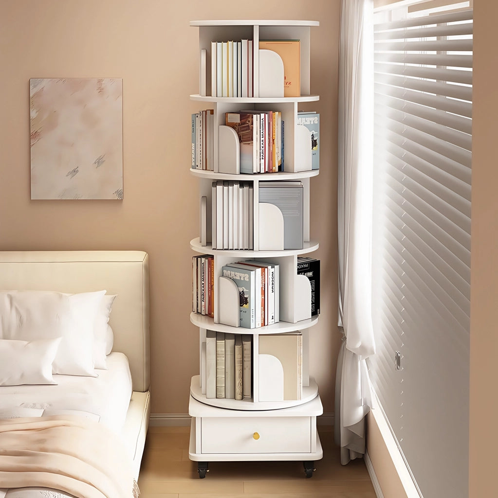 Libreria girevole 360° 46x56x173 cm in MDF bianco con cassetto –