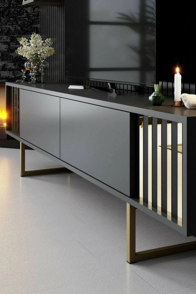 Mobile porta TV Artinay, Credenza da soggiorno, Armadio basso per TV, Base parete attrezzata, 180x30h48 cm, Antracite e Oro