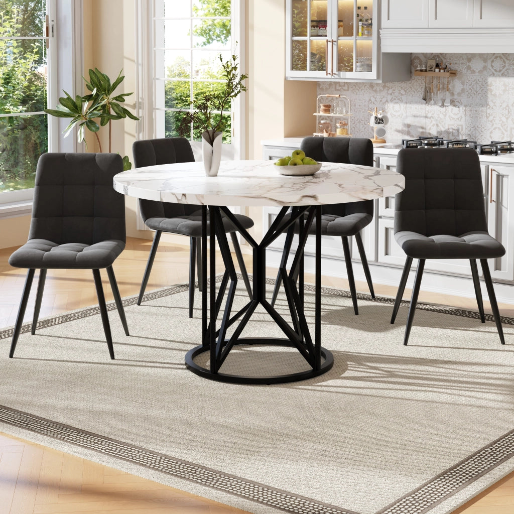 Tavolo da pranzo rotondo con 4 sedie in velluto, piano in MDF effetto marmo, per cucina e sala da pranzo, nero