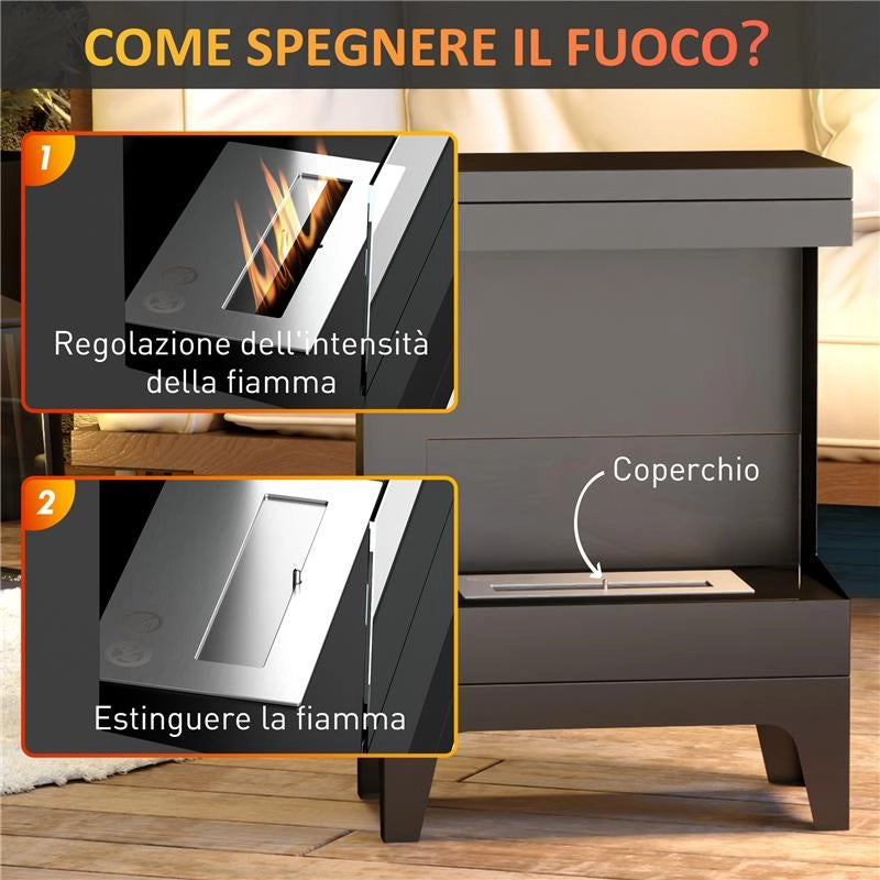 CAMINO A BIOETANOLO AUTOPORTANTE CON BRUCIATORE DA 0.9L E DURATA 3.3 ORE 38X22X54 CM NERO