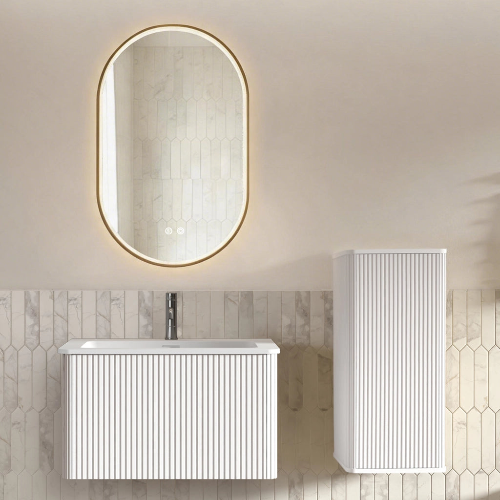 Mobile da bagno con lavabo, mobile laterale e specchio LED - per bagno - bianco