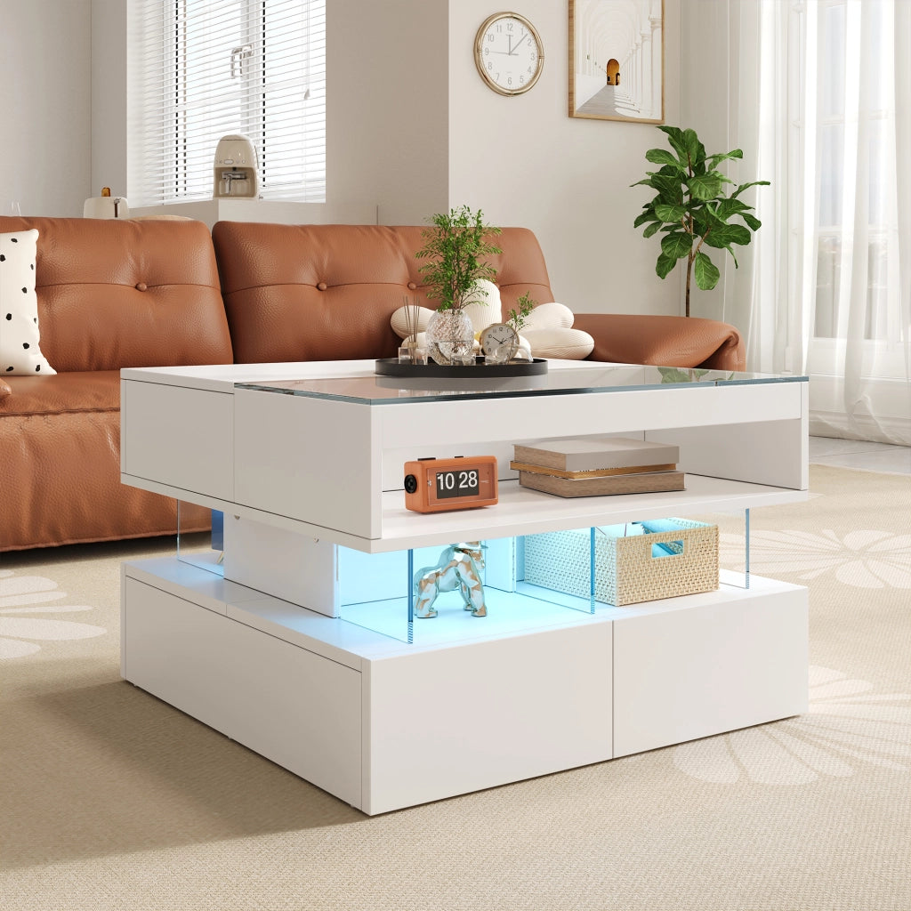 Tavolino da salotto alzabile con cassetti e vani; LED a 16 colori; piano in vetro; bianco