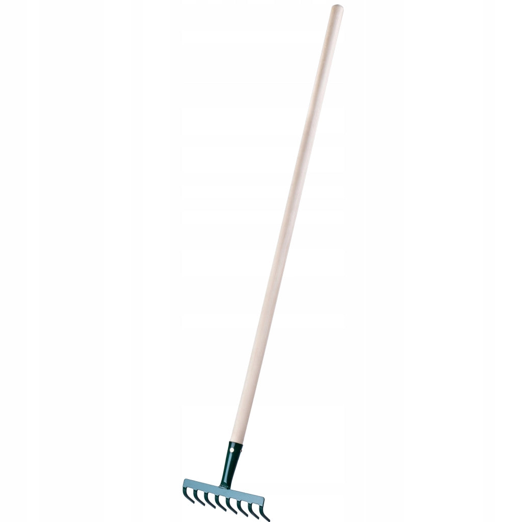 Rastrello per foglie KADAX, per giardino ed erba, con manico in legno, 117 cm, 8 denti solidi