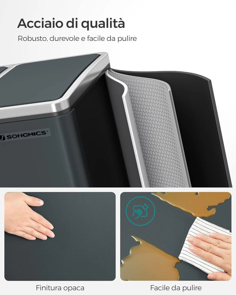 SONGMICS Cestino da Cucina, Pattumiera per Raccolta Differenziata 3 x 18L, 3 Scomparti per Riciclaggio, Coperchi a Chiusura Morbida, Pedali, Acciaio, Grigio Verdastro LTB54GS