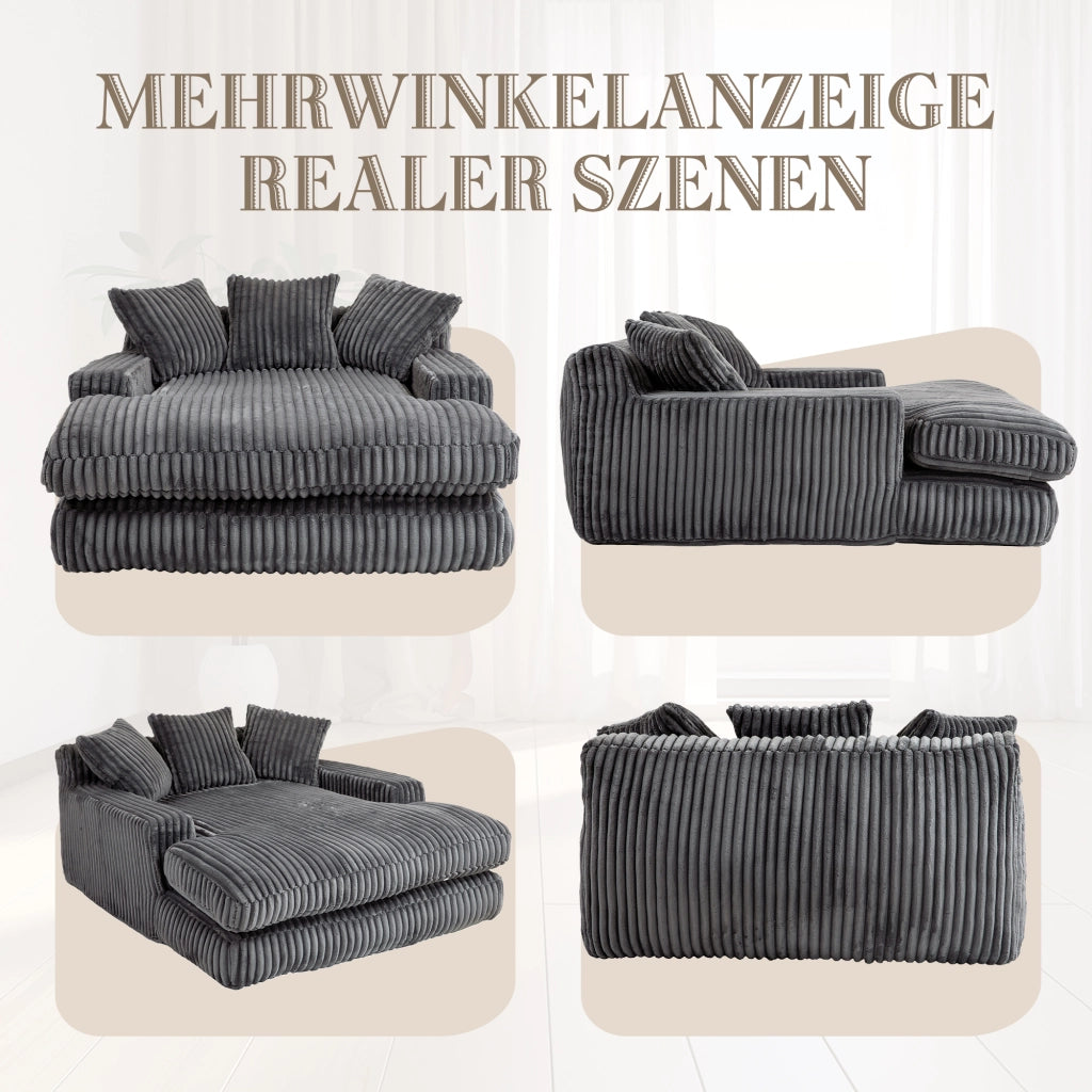 Chaise Longue da Interno 1 Posto con 3 Cuscini; Senza Montaggio; Seduta Ergonomica in Velluto a Coste Grigio Scuro