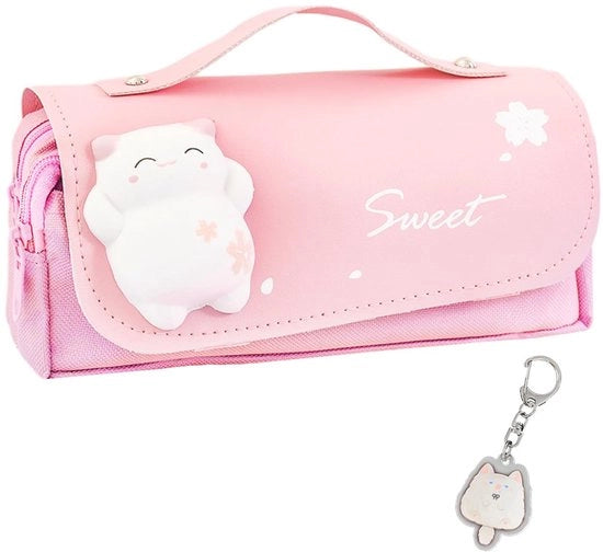 Pennenetui, gatto, 1 pezzo con 1 gancio per gatto, attrezzi da disegno per bambini, borsa di stoccaggio per attrezzi da disegno, borsa portatile, borsa con 3 tasche, rosa, carino.