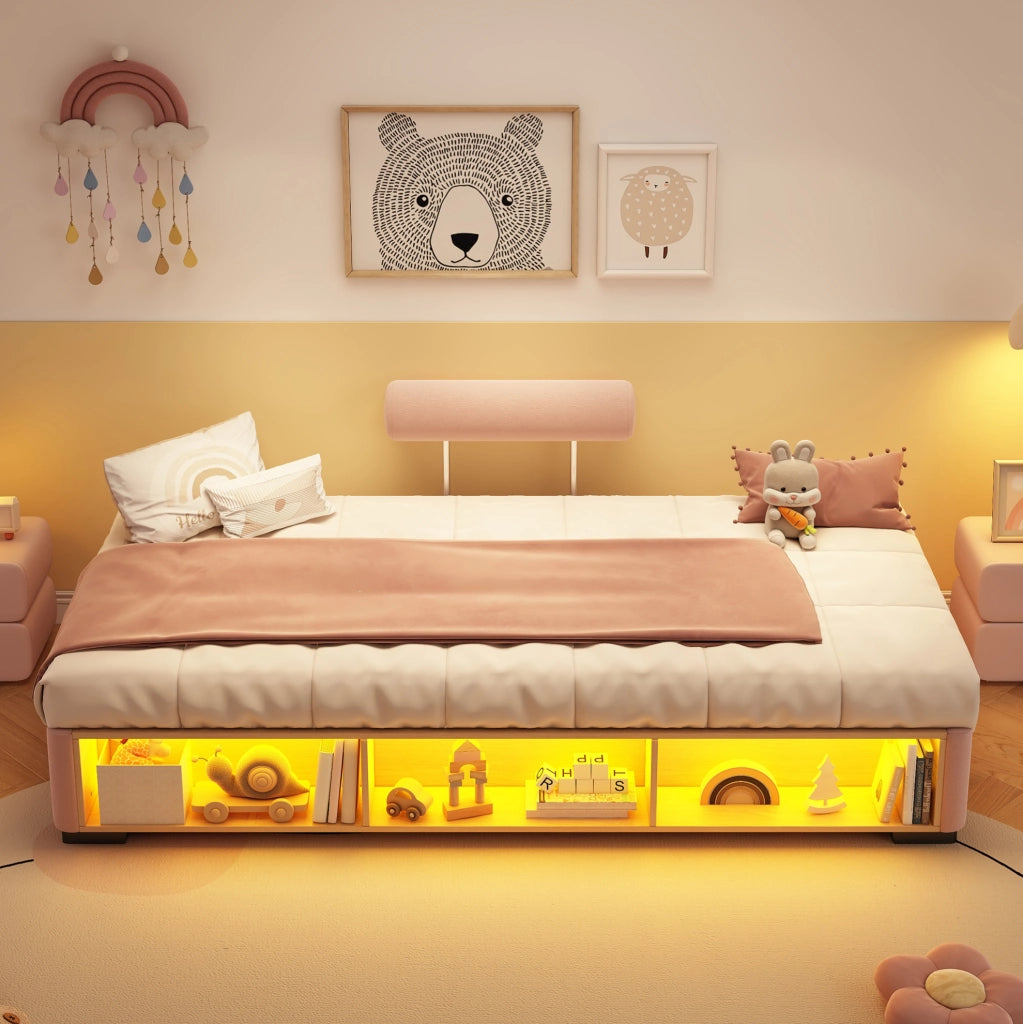Letto imbottito 90x200 cm con libreria laterale LED e contenitore in velluto rosa