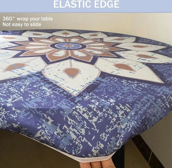 Tappeto per tavolo esterno, rotondo, 200 cm, elastico, rotondo, lavabile, impermeabile, effetto loto, giardino, tappeto per tavolo, blu, tappeto per tavolo mandala, ideale per 180 cm - 190 cm
