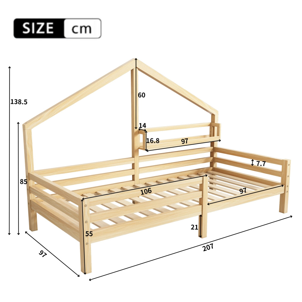 Letto per bambini 90 × 200 cm con libreria, barriera di sicurezza, senza materasso, in pino, naturale