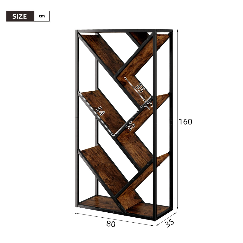 Libreria a forma di albero 80 × 35 × 160 cm, scaffale a 8 ripiani, nero e marrone vintage, con struttura in metallo e pannello MDF