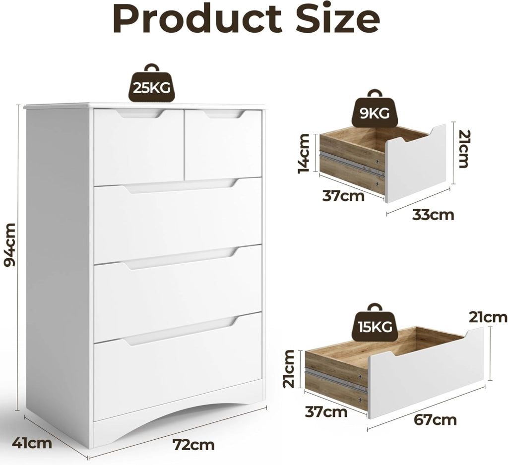 Cassettiera Camera da Letto con 5 cassetti, settimino camera da letto,Moderno e Salvaspazio per la Camera da Letto Soggiorno e Ingresso, 94 x 72 x 41 cm,Bianco
