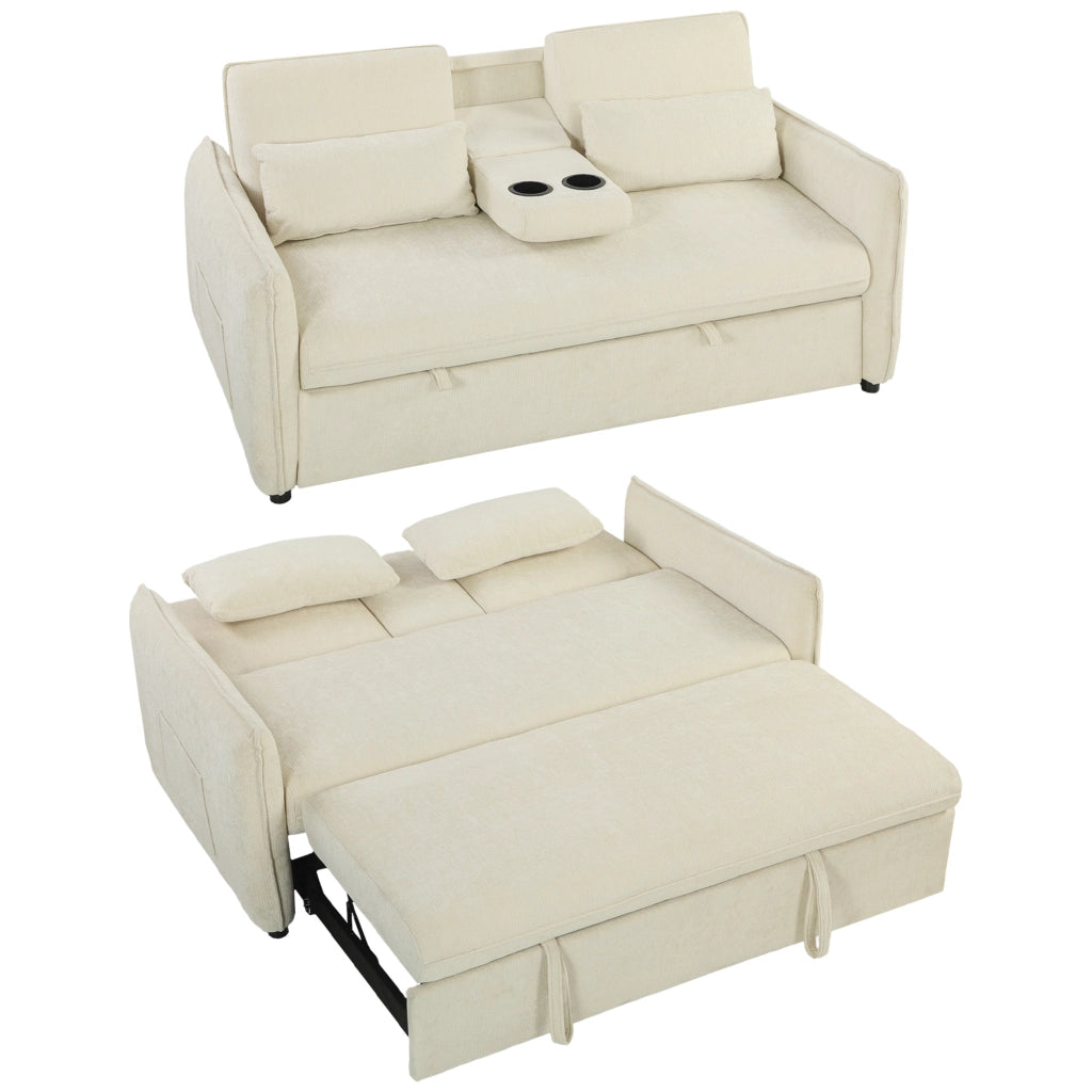 3 in 1 Divano Letto 2 Posti con Schienale Regolabile in 3 Posizioni con 2 Cuscini. in Ciniglia. Beige