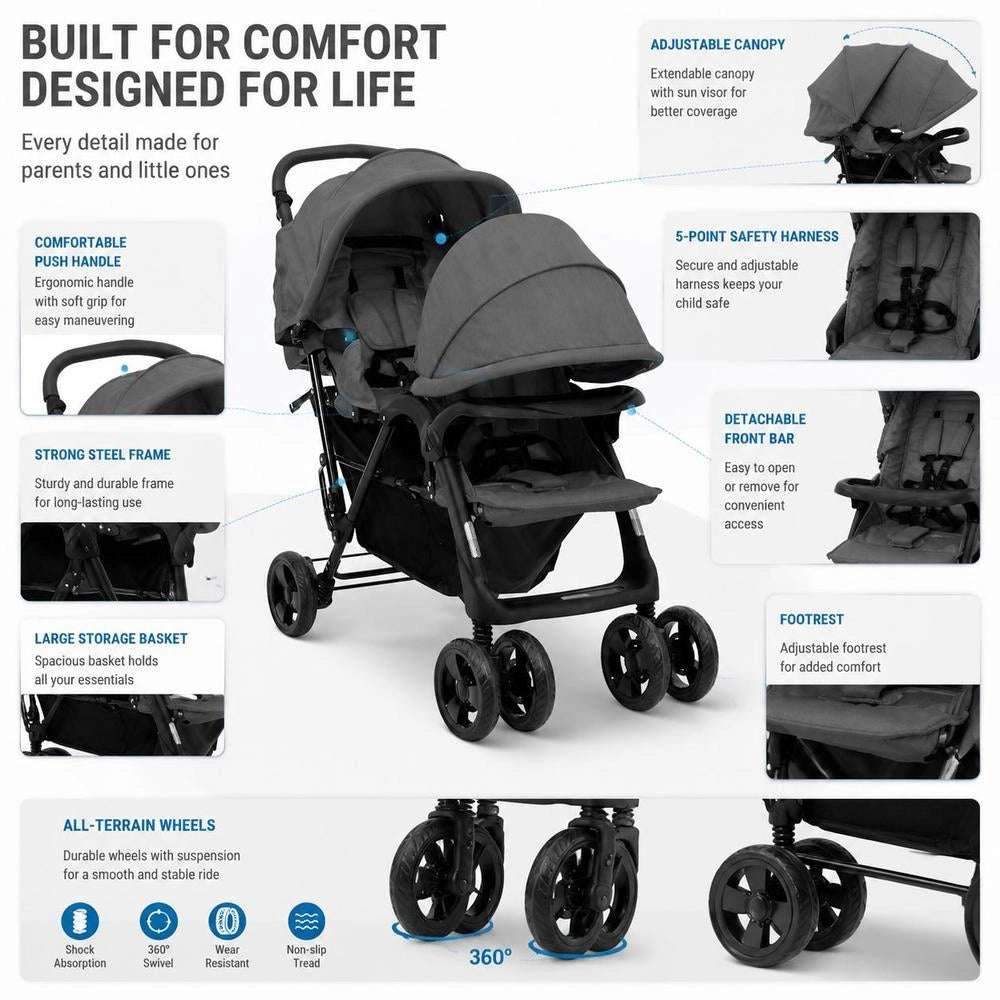 Tandem Twin Stroller, Dark Grey, Steel