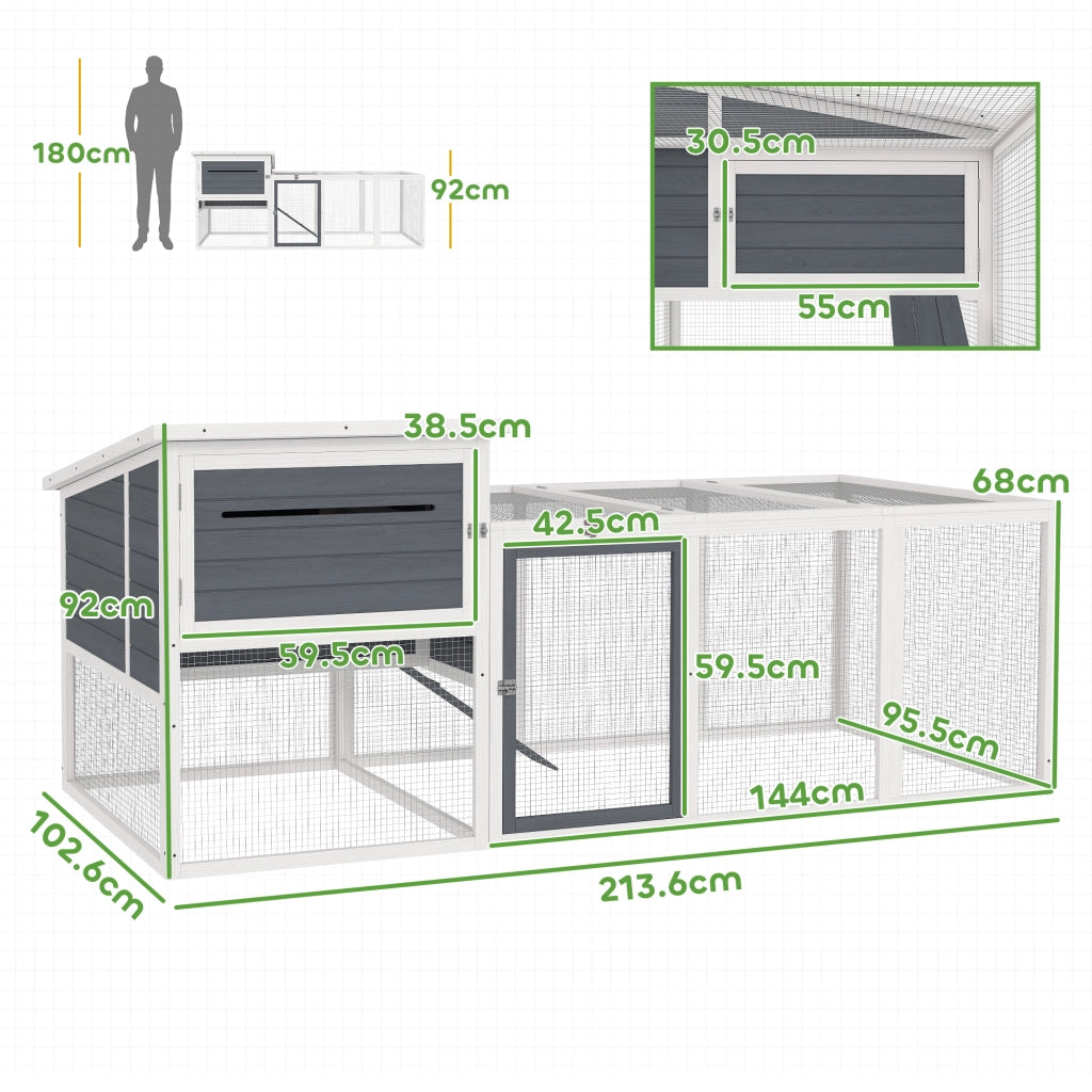 Pollaio per Galline con Casetta, Nido per Cova e Area Esterna, 214x101x 91.5cm, Grigio