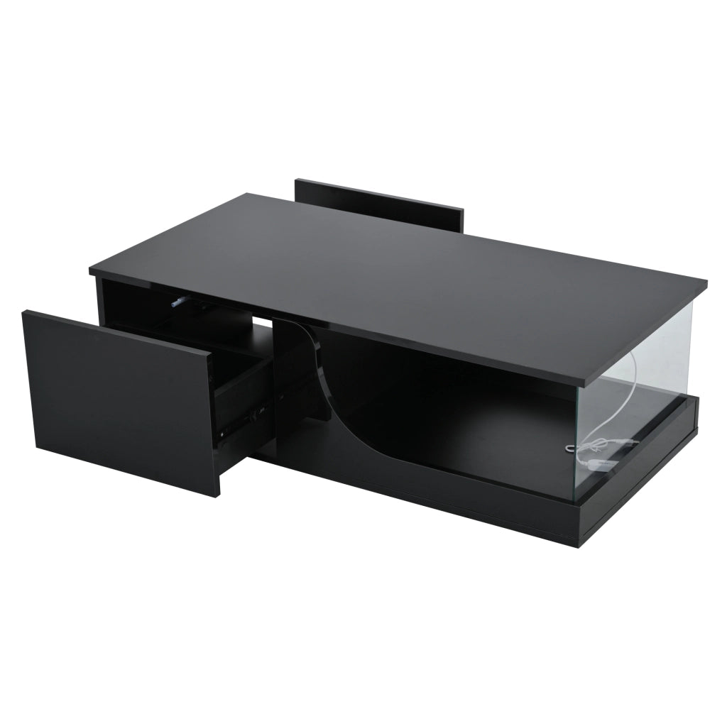 Tavolino nero 100x50x30 cm con 2 cassetti, LED USB e vetro temperato, MDF,