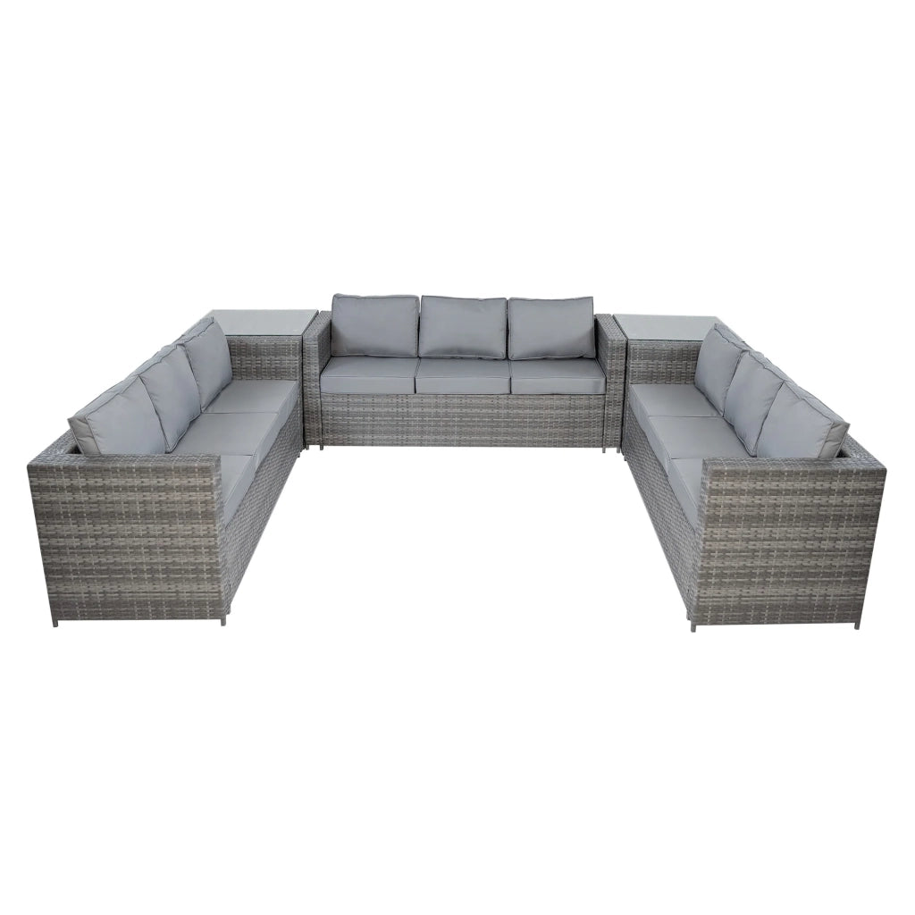 Set Giardino Rattan 11 Posti Grigio Divani Sgabelli Tavolo Firepit