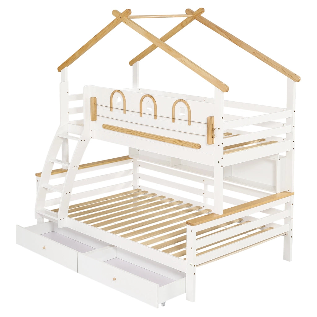 Letto a castello per ბავშვi con 2 cassetti su ruote; scala inclinata e tetto; 90x200 cm; bianco e naturale