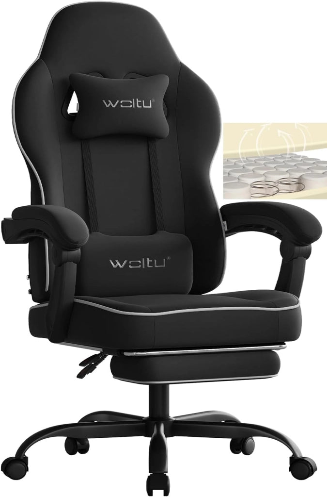 Sedia Gaming, Ampia Sedia da Ufficio Ergonomica Imbottita con Cuscino a Molla, Alta Capacità di Carico, Poltrona per Computer con Schienale Alto e Poggiapiedi, Tessuto Tecnologico, Nero, GS10sz