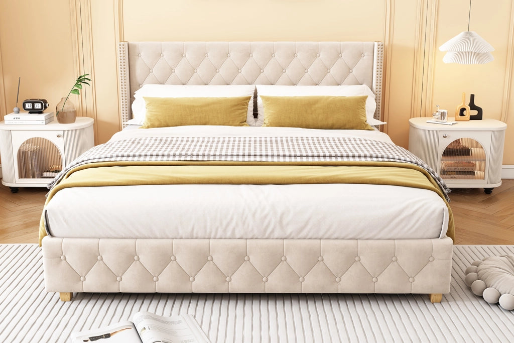 DESMIU Letto matrimoniale 2 posti con testiera imbottita, borchie decorative e piedi in legno, 180 × 200 cm, senza materasso
