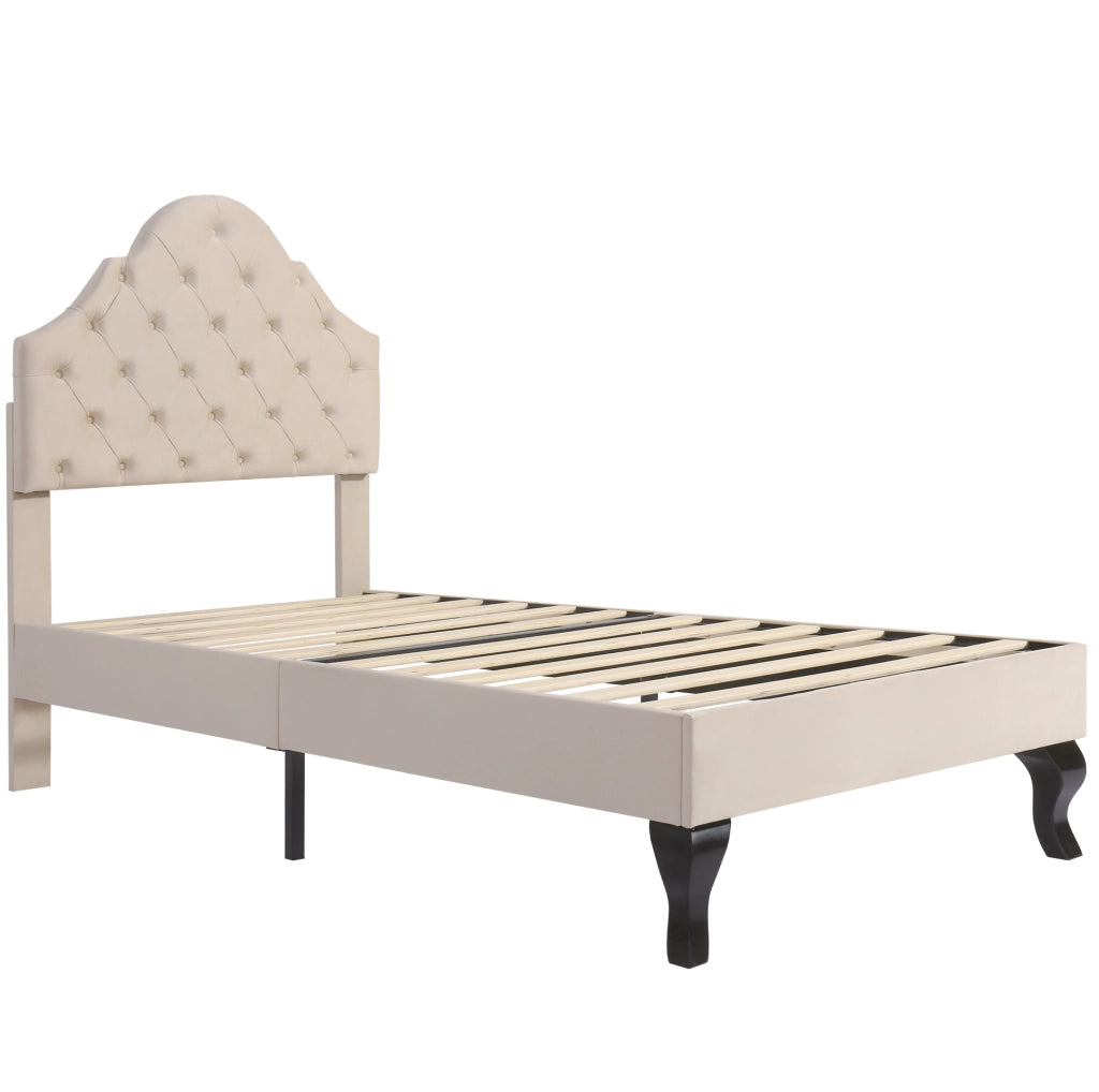 Letto imbottito 90x200 cm con rete a doghe e testiera regolabile in velluto beige