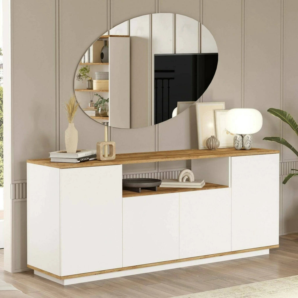Credenza Aziz, Buffet da soggiorno, Madia da salotto, Dispensa da cucina, 180x45h75 cm, Quercia e Bianco