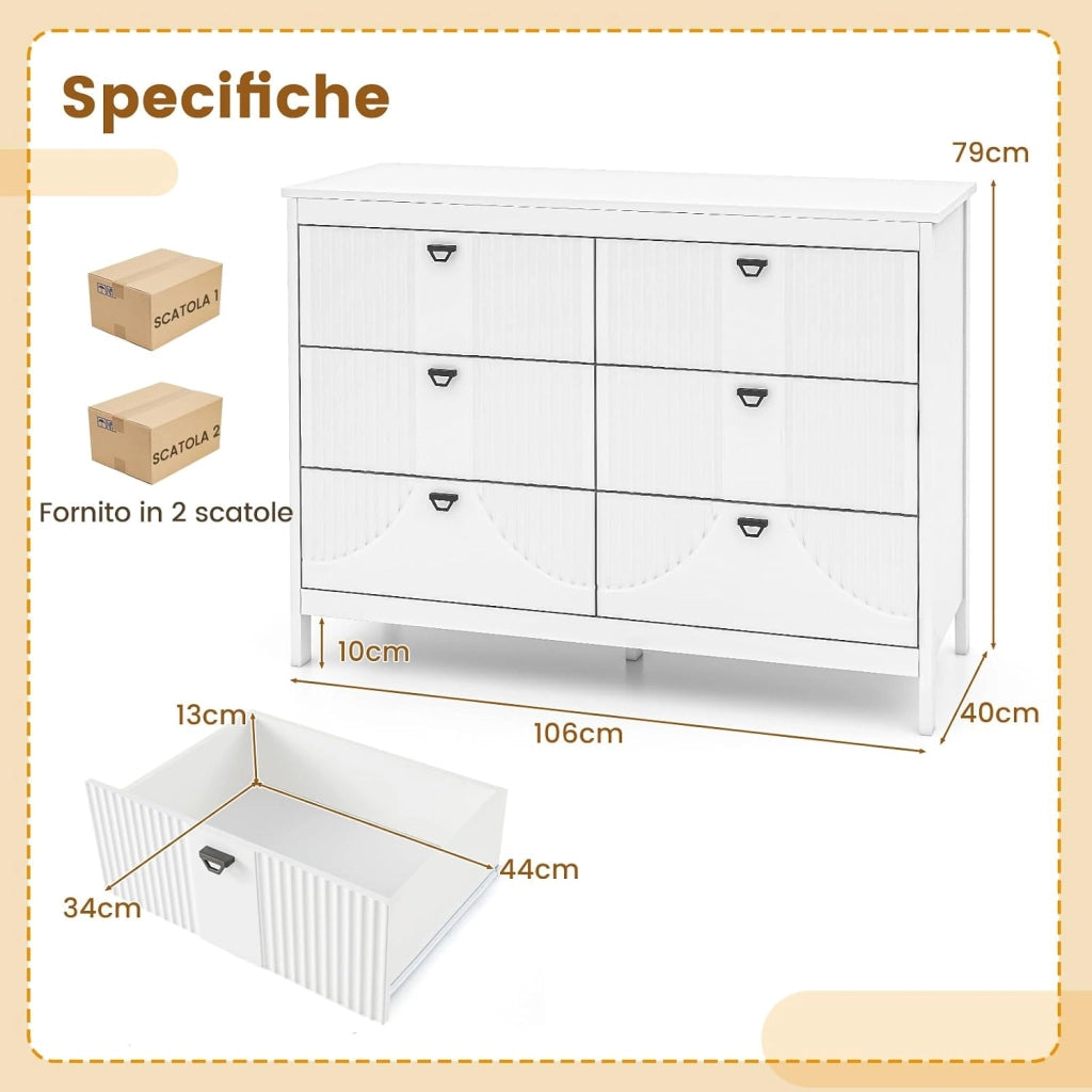 Comò a 6 Cassetti, Cassettiera Multifunzionale a 3 Ripiani, Armadio da Stoccaggio con Kit Anti-Ribaltamento, Ampio Spazio per Camera da Letto Soggiorno Ingresso, 106 x 40 x 79 cm