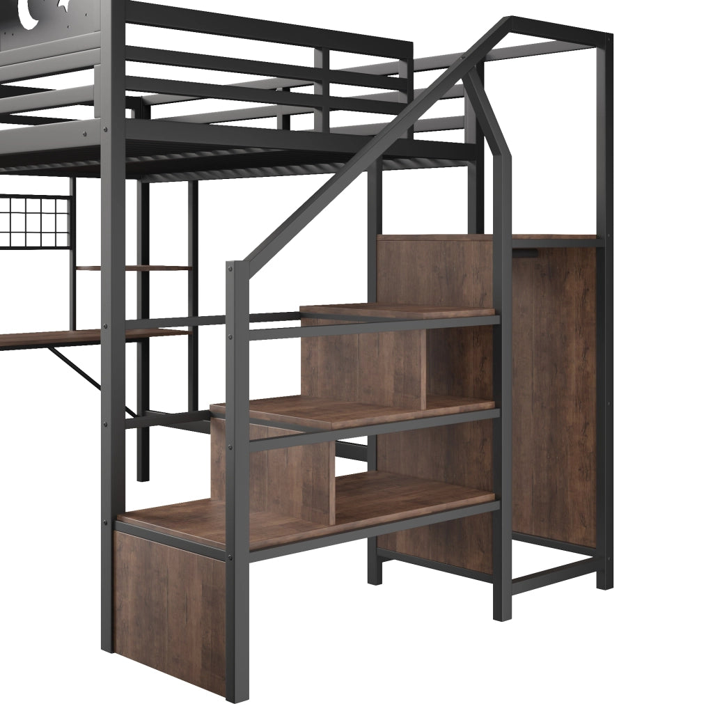 Letto a soppalco 140x200 cm con scrivania; pannello pegboard; ripiani; LED; USB e gambe a K; metallo nero