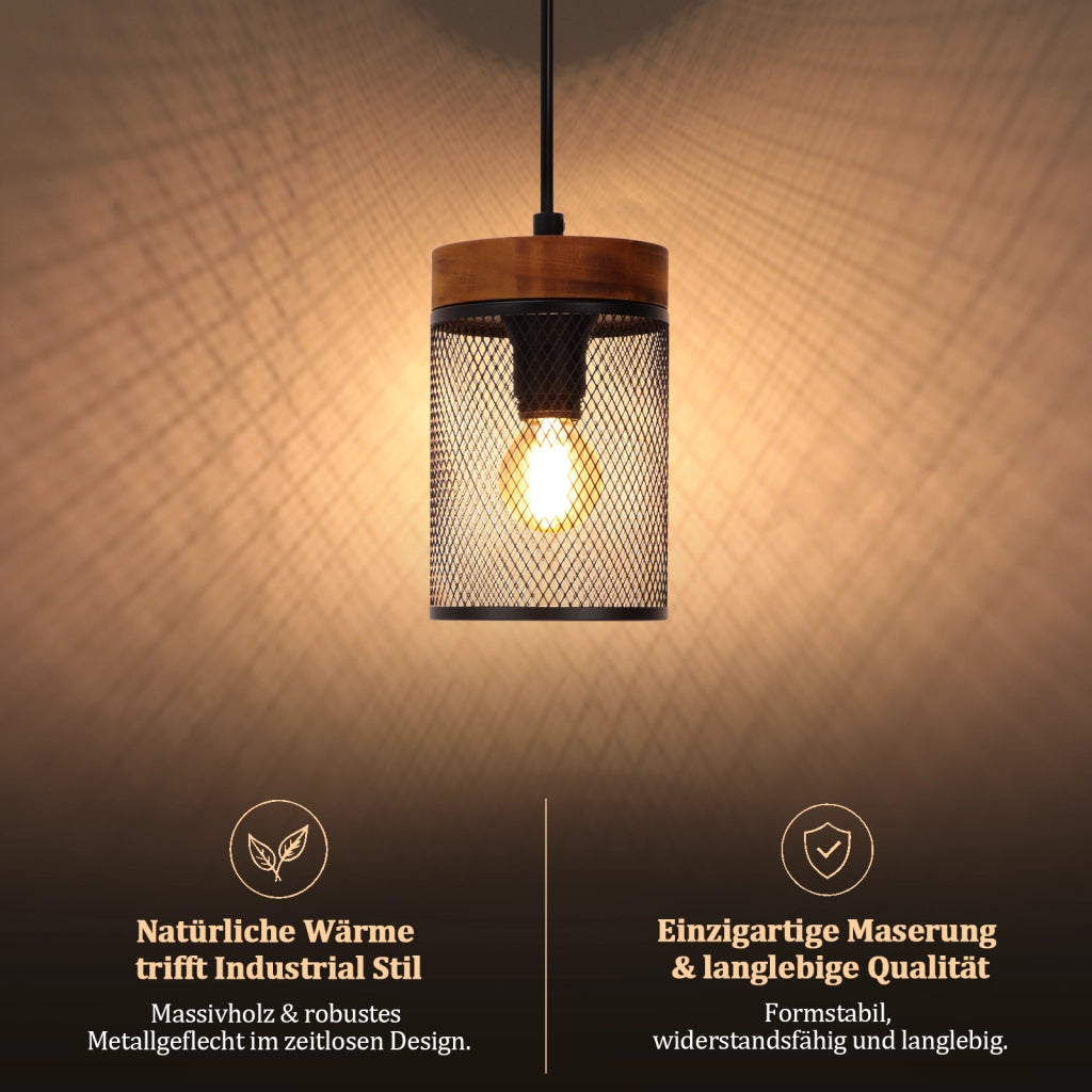 ZMH Lampada a Sospensione 3 Luci Nero Legno Vintage E14 Industriale per Soggiorno Sala da Pranzo Cafe Senza Lampadina